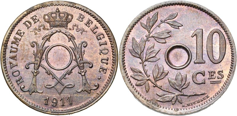 BELGIQUE, Royaume, Albert Ier (1909-1934), 10 centimes, 1911FR. Refrappe en bron...