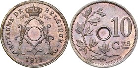 BELGIQUE, Royaume, Albert Ier (1909-1934), 10 centimes, 1911FR. Refrappe en bronze clair. Tranche lisse. Flan non perforé. Dupriez 1908B4. Rare.

Fl...