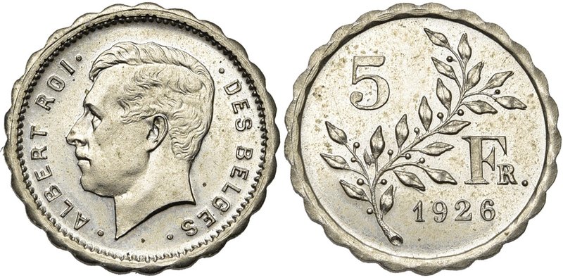 BELGIQUE, Royaume, Albert Ier (1909-1934), 5 francs, 1926FR. Essai en nickel. Co...