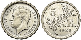 BELGIQUE, Royaume, Albert Ier (1909-1934), 5 francs, 1926FR. Essai en nickel. Coins de Devreese et Everaerts. Dupriez 2268. Rare Petites taches.

Fl...