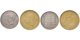 BELGIQUE, Royaume, Albert Ier (1909-1934), lot de 2 essais: 10 frank - 2 belga, 1930NL, bronze rosé, tranche lisse (refrappe); 20 francs - 4 belgas, 1...