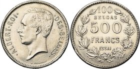 BELGIQUE, Royaume, Albert Ier (1909-1934), 500 francs - 100 belgas, s.d. (1933). Essai en nickel. Coins de Devreese et Everaerts. Tranche inscrite. Po...