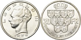 BELGIQUE, Royaume, Léopold III (1934-1951), 20 francs, 1938FR/NL. Essai de Rau en argent, au module de la p. de 50 francs (33 mm). Tranche lisse. Dupr...