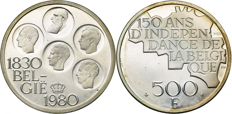 BELGIQUE, Royaume, Baudouin (1951-1993), AR 500 francs, 1980NL/FR. 150e annivers...