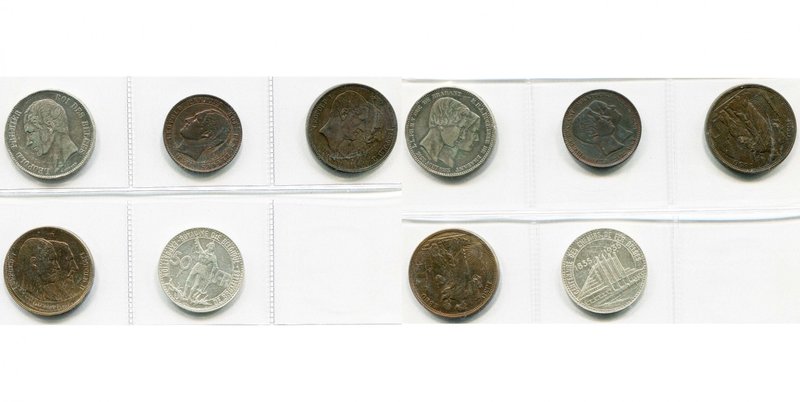 BELGIQUE, Royaume, lot de 5 p. commémoratives: 5 francs et 10 centimes 1853, Mar...