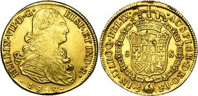 CHILI, Ferdinand VII (1808-1818), AV 8 escudos, 1812FJ, Santiago. Au portrait de Charles IV. D/ B. dr. et cuir. à d. R/ Ecu couronné, entouré du colli...