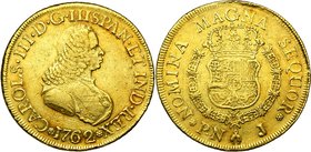 COLOMBIE, Charles III (1759-1788), AV 8 escudos, 1762J, Popayan. D/ B. dr. et cuir. à d. R/ Ecu couronné, entouré du collier de la Toison d'or. C.C.T....