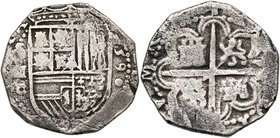 ESPAGNE, Philippe II (1556-1598), AR 4 reales, 1590, Séville. D/ Ecu couronné. A g., S/ IIII/ C. A d., la date. R/ Quadrilobe écartelé aux armes de Ca...