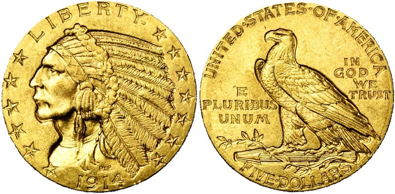 ETATS-UNIS, AV 5 dollars, 1914. Tête d'Indien. Fr. 148.

Très Beau / Very Fine...