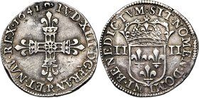 FRANCE, Royaume, Louis XIII (1610-1643), AR quart d'écu, 1641AR, Arras. D/ Croix fleurdelisée. R/ Ecu de France couronné, entre II-II. Dupl. 1332; Gad...