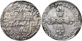 FRANCE, Royaume, Louis XIII (1610-1643), AR quart d'écu, 1643AR, Arras. D/ Ecu de France couronné, entre II-II. R/ Croix fleurdelisée. Dupl. 1332B; Ga...