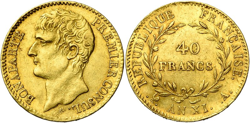FRANCE, Consulat (1799-1804), AV 40 francs, an XIA, Paris. Gad. 1080; Fr. 479.
...