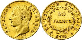 FRANCE, Napoléon Ier (1804-1814), AV 20 francs, an 14A, Paris. Gad. 1022.

Très Beau / Very Fine