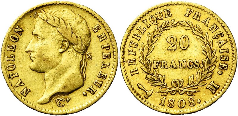 FRANCE, Napoléon Ier (1804-1814), AV 20 francs, 1808M, Toulouse. Gad. 1024; Fr. ...