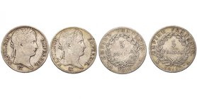 FRANCE, Napoléon Ier, période des Cent-Jours (1815), lot de 2 p. de 5 francs, 1815A, Paris; 1815I, Limoges. Gad. 595.

Beau / Fine