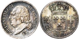 FRANCE, Louis XVIII, seconde restauration (1815-1824), AR 1/4 franc, 1819A, Paris. Gad. 352. Patine foncée.

Superbe / Extremely Fine