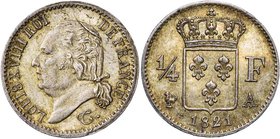 FRANCE, Louis XVIII, seconde restauration (1815-1824), AR 1/4 franc, 1821A, Paris. Gad. 352. Brisure du coin au droit.

presque Superbe / about Extr...