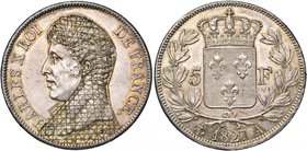 FRANCE, Charles X (1824-1830), AR 5 francs, 1827A, Paris. 2e type à l'effigie modifiée. Gad. 644; Dav. 88. Belle patine. Le droit regravé pour figurer...