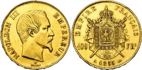 FRANCE, Napoléon III (1852-1870), AV 100 francs, 1855A, Paris. Gad. 1135; Fr. 569. Coups sur la tranche.

Très Beau / Very Fine