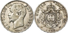 FRANCE, Napoléon III (1852-1870), AR 5 francs, 1857A, Paris. Gad. 734; Dav. 95. Très rare.

Beau à Très Beau / Fine - Very Fine
