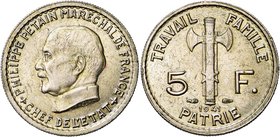 FRANCE, Etat Français (1940-1944), Cupro-nickel 5 francs, 1941. Maréchal Pétain. Gad. 764. Rare Léger tréflage.

presque Superbe / about Extremely F...