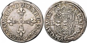 FRANCE, BEARN, Henri II (1572-1589), AR quart d'écu, 1585. D/ Croix fleurdelisée. R/ Ecu couronné entre II-II. B. -; P.A. 3498 var.; D. 1325. 9,33g Pe...