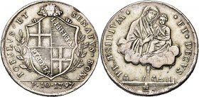 ITALIE, BOLOGNE, Gouvernement révolutionnaire (1796-1797), AR scudo da 10 paoli, 1797. D/ Ecu entre deux rameaux. R/ La Vierge à l'enfant sur une nuée...