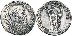 ITALIE, ETATS PONTIFICAUX, Sixte V (1585-1590), (Felice Peretti), AR teston, an 4, Rome. D/ B. à d., vêtu de la chape. R/ Saint Pierre deb. à g. Munt....