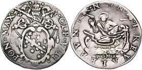 ITALIE, ETATS PONTIFICAUX, Clément VIII (1592-1605), (Ippolito Aldobrandini), AR teston, Rome. D/ Armoiries. R/ Saint Pierre assis à g. dans sa barque...