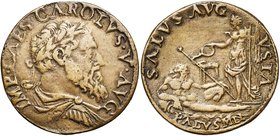 ITALIE, MILAN, Charles Quint (1535-1556), denaro da 25 soldi, s.d. D/ B. lauré et cuir. à d. R/ SALVS AVG-VSTA/ PADVS MLI Salus deb. à g. devant un au...