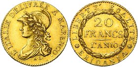 ITALIE, REPUBLIQUE SUBALPINE, (1800-1802), AV 20 francs, an 10 (1801), Turin. Victoire de Marengo. M. 7; G. 2a. Rare Fines griffes.

Très Beau à Sup...