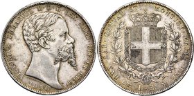ITALIE, SAVOIE et SARDAIGNE, Victor Emmanuel II (1849-1861), AR 5 lire, 1856P, Turin. M. 52; G. 42. Très rare Petits coups.

Très Beau / Very Fine
