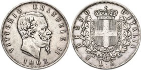 ITALIE, Royaume, Victor Emmanuel II (1861-1878), AR 5 lire, 1862N, Naples. M. 165; G. 33. Rare.

Beau à Très Beau / Fine - Very Fine