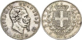 ITALIE, Royaume, Victor Emmanuel II (1861-1878), AR 5 lire, 1870R, Rome. M. 173; G. 41.

presque Très Beau / about Very Fine