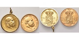 NEDERLAND, Koninkrijk, Willem III (1849-1890), lot van 2 st.: 10 gulden 1887 (gemonteerd, 8,14 g) en 1888.

Zeer Fraai / Very Fine