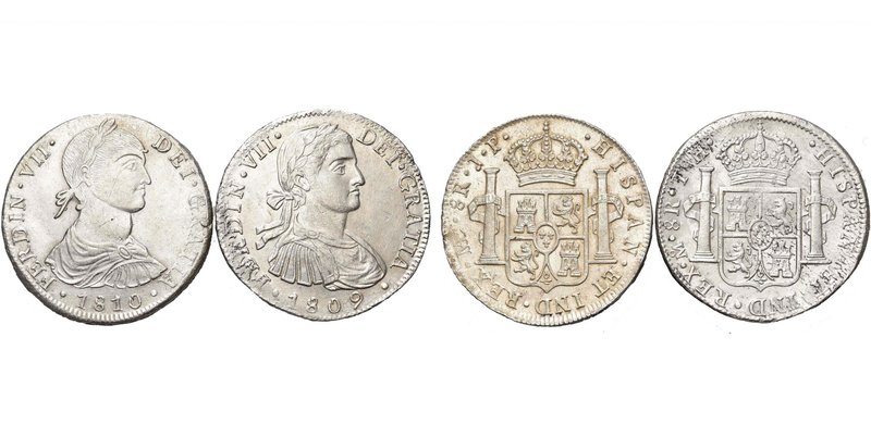 Ferdinand VII (1808-1821), lot de 2 p. de 8 reales: 1809TH, Mexico; 1810JP, Lima...