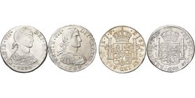 Ferdinand VII (1808-1821), lot de 2 p. de 8 reales: 1809TH, Mexico; 1810JP, Lima. Nettoyées.

Très Beau / Very Fine