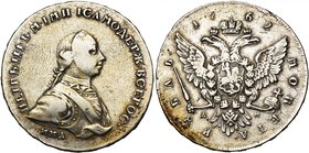 RUSSIE, Pierre III (1762), AR rouble, 1762ΔM, Moscou. D/ B. cuir. à d. R/ Aigle impériale couronnée. Bitkin 9; Uzd. 930; Dav. 1682. 23,81g Rare.

pr...