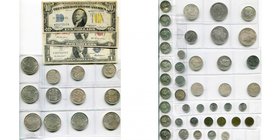 lot de 53 p. de Belgique et Etats-Unis, la plupart en argent. Vendu avec 3 billets usagés: 1 dollar 1935, 2 dollars 1953, 10 dollars 1934 (avec cachet...
