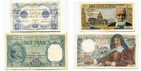 FRANCE, lot de 4 billets: 5 francs 18.06.1915 (Bleu, traces de plis), 20 francs 15.10.1917 (Bayard), 100 francs 15.5.1942 (Descartes, traces de plis),...