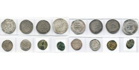lot of 8 early islamic coins: Arab-Sasanian, Umayyad governors, dirhams (4), anonymous, Khosrow type, AH 35, with lillah (= APD) in the margin (rare);...