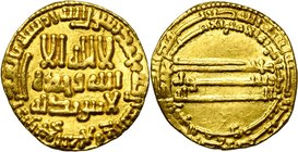 ABBASID, al-Rashid (AD 786-809/AH 170-193) AV dinar, AH 184, no mint (Madinat al-Salam). Second marginal legend on reverse citing al-Amin as heir. BMC...
