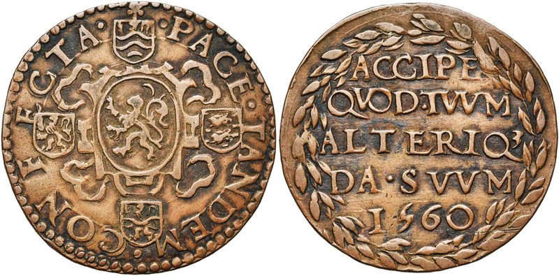 PAYS-BAS MERIDIONAUX, Cu jeton, 1560, Dordrecht. Paix de Cateau-Cambrésis. D/ PA...