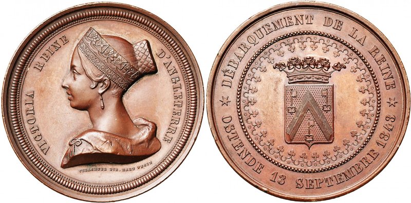 BELGIQUE, AE médaille, 1843, Hart. Débarquement de la reine Victoria à Ostende. ...