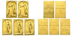 BELGIQUE, lot de 5 médailles en or de la Ligue royale belge d'athlétisme: 1907, Saut à la Perche; 1909, 1911, 1912 et 1914, Lancer du poids. 32 x 19 m...