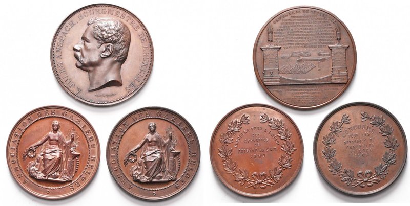 BELGIQUE, lot de 3 médailles: 1874, Ch. Wiener, Usines à gaz de Bruxelles (AE, 6...