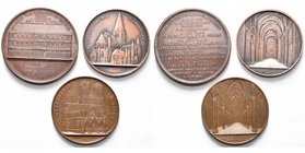 BELGIQUE, lot de 3 médailles: 1846 (1897), Hart, Pose de la première pierre des galeries Saint-Hubert (AE, 67 mm); 1859, J. Wiener, Cathédrale de Reim...