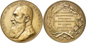 CONGO BELGE, AE médaille, 1909, Baetes. La Chambre de Commerce d'Anvers célèbre l'annexion du Congo à la Belgique. D/ B. de Léopold II à g. en uniform...