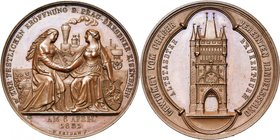 BOHEME, AE médaille, 1851, Seidan. Chemin de fer de Prague à Dresde. D/ La Bohême et la Saxe se donnant la main devant une locomotive R/ Vieille tour ...