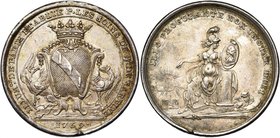 FRANCE, AR médaille, 1769. Illuminations de Paris par les soins de Mr de Sartine. D/ Ecu couronné entre deux griffons. R/ Minerve assise à g., ten. un...